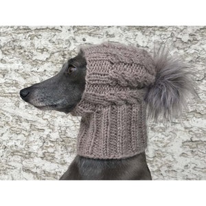 Hand Knit Dog Hat, Greyhound Knit Hat, Faux Fur Pom Pom Hat, Greyhound Snood, Cable Dog Hat, Beanie Dog Hat, Dog Accessories