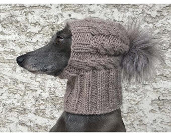 Hand Knit Dog Hat, Greyhound Knit Hat, Faux Fur Pom Pom Hat, Greyhound Snood, Cable Dog Hat, Beanie Dog Hat, Dog Accessories