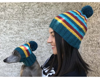 Matching Hats, Matching Dog and Human Hats, Hand Knit Dog and Human Hats, Pom Pom Hat, Dog Hat, Human Hat, Boho Hat, Bobble Hat