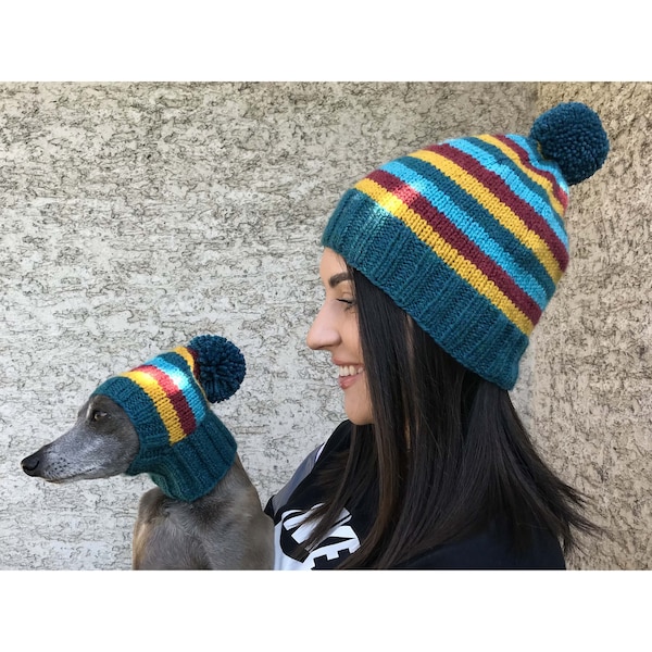 Matching Hats, Matching Dog and Human Hats, Hand Knit Dog and Human Hats, Pom Pom Hat, Dog Hat, Human Hat, Boho Hat, Bobble Hat