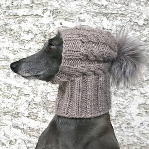 Handknit Dog Hat, Greyhound Hat, Faux Fur Pom Pom Hat, Greyhound Snood, Cable Knit Dog Hat, Beanie Dog Hat, Dog Accessories image 2