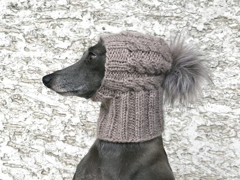 Handknit Dog Hat, Greyhound Hat, Faux Fur Pom Pom Hat, Greyhound Snood, Cable Knit Dog Hat, Beanie Dog Hat, Dog Accessories image 2