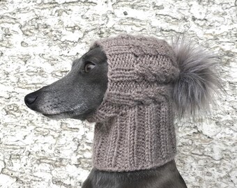 Handknit Dog Hat / Greyhound Knit Hat / Faux Fur Pom Pom Hat / Greyhound Snood / Cable Knit Dog Hat / Beanie Dog Hat / Dog Accessories