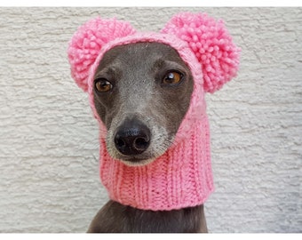 Pom Pom Dog Hat, Greyhound Pom Pom Hat, Greyhound Snood, Cane Cappello, Cane Snood, Cappello per cani a maglia a mano, Accessori per cani