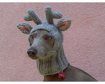 Reindeer Dog Hat with a Tassel, Christmas Dog Hat, Reindeer Dog Snood, Dog Hat, Knit Dog Hat