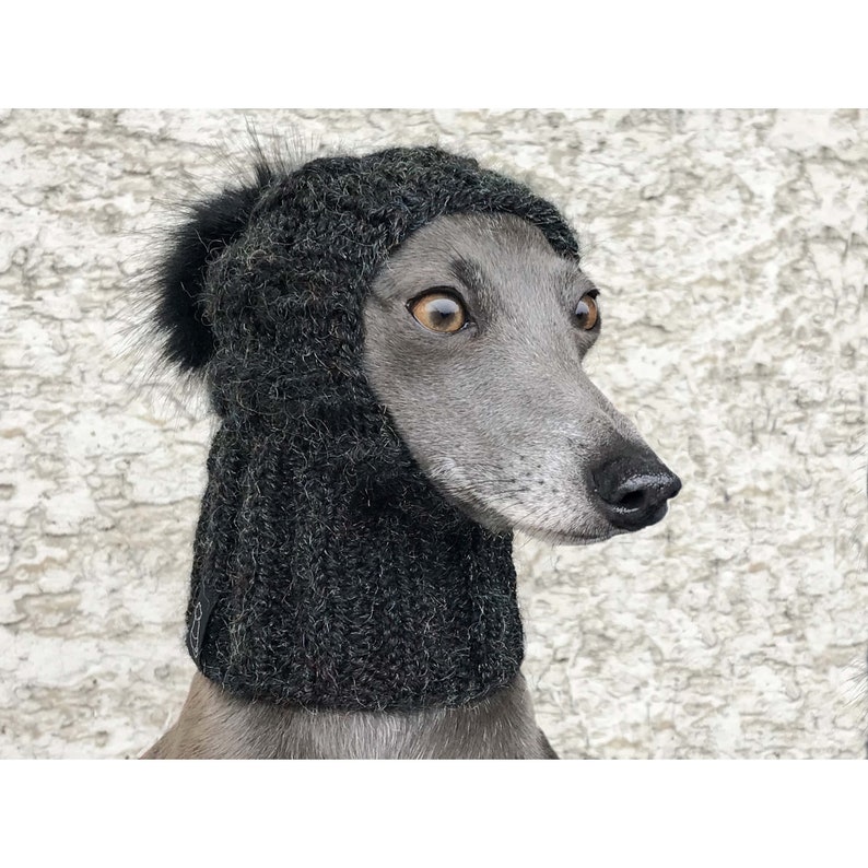 Handknit Dog Hat, Greyhound Hat, Faux Fur Pom Pom Hat, Greyhound Snood, Cable Knit Dog Hat, Beanie Dog Hat, Dog Accessories image 1