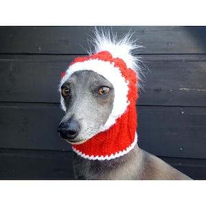 Santa Dog Hat, Christmas Dog Hat, Dog Hat with a pom pom, Dog Hat, Hand Knit Dog Hat, Greyhound Hat, Cable Dog Hat