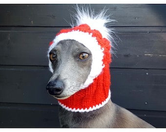Santa Dog Hat, Christmas Dog Hat, Dog Hat with a pom pom, Dog Hat, Hand Knit Dog Hat, Greyhound Hat, Cable Dog Hat