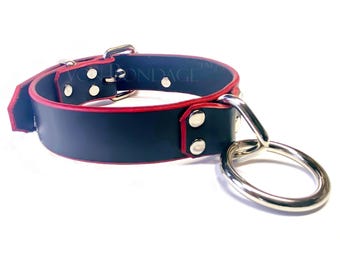Bondage Collar for slave | Large D&O Ring | Leather w/Red Edges | Locking option