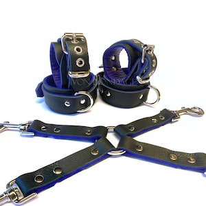 Restraints Set w/ Hogtie in Soft Black & Purple Leather | Wrist Ankle Cuffs w/ 4-way Bondage connector | Lockable Buckles option 1-3/4"