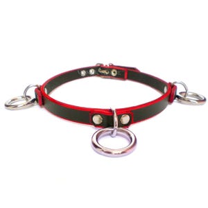 Day Collar for sub | 3 Tiny D&O Rings | Leather w/Red Edges | Lockable option 1/2&quot;