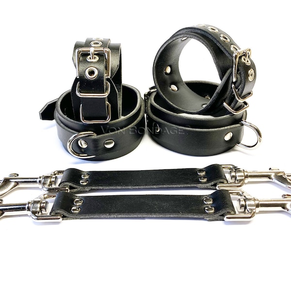 Vegan Restraints, Vegan BDSM, Vegan Bondage, Vegan Leather BDSM Cuffs w/Straps, 1-1/2" 6 pc lockable restraints set in faux leather
