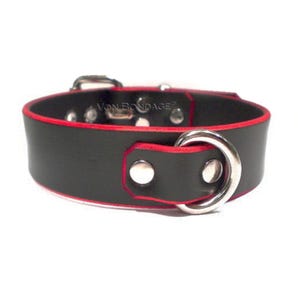 Bondage Collar for sub | Strong front Dee Ring for Leash | Leather w/Red Edges | Locking option 1-1/4&quot;
