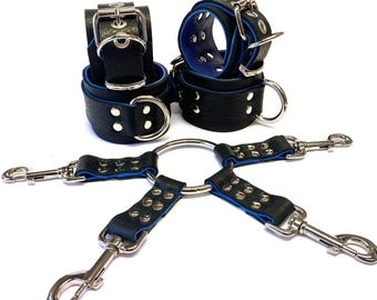 Soft Black & Blue Leather Restraints Set - Wrist Ankle Cuffs + Hogtie Bondage Accessory