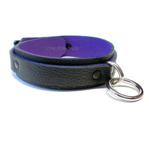 Nickel-free Black & Purple Leather Collar for submissive slave | Stainless Steel Bondage Ring | Lockable option,  1-1/4&quot;