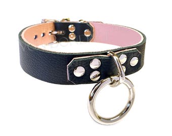Soft Collar with Bondage Ring lined in Pink Leather, sexy kink choker - custom sized!