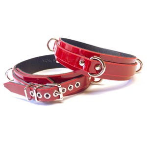 Shiny Red Patent Leather Thigh Restraints w/Triple Dee Rings custom sized, lockable thigh cuffs w/ 3 d-ring attachment points, 1-1/2