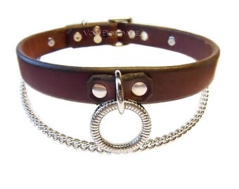 Brown Leather Neck Collar with Small O-ring and Chain - custom sized - lockable option