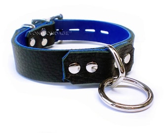 Soft Black Leather Collar with D&O Bondage Ring with Blue lining - custom sized
