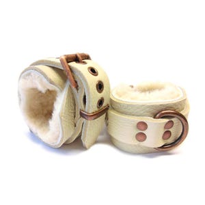 Cream Fur Restraints w/Copper Dee Rings, Sheepskin Fur-lined 2&quot; Cuffs for Wrists Ankles | Nickel-Free