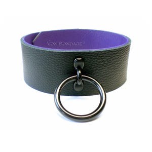 Bondage Collar Large Black O Ring Purple Leather lining | slave sub choker in Soft Leather 2&quot;