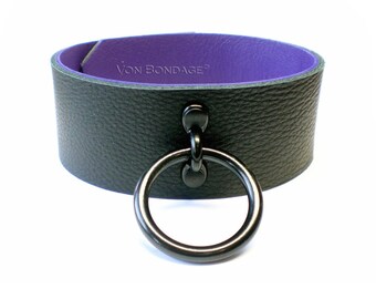 Bondage Collar Large Black O Ring Purple Leather lining | slave sub choker in Soft Leather