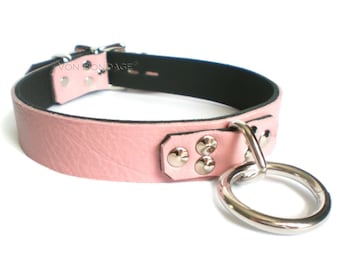 Pink Leather O Ring Collar for sub | Bondage Choker Custom Sized Lockable