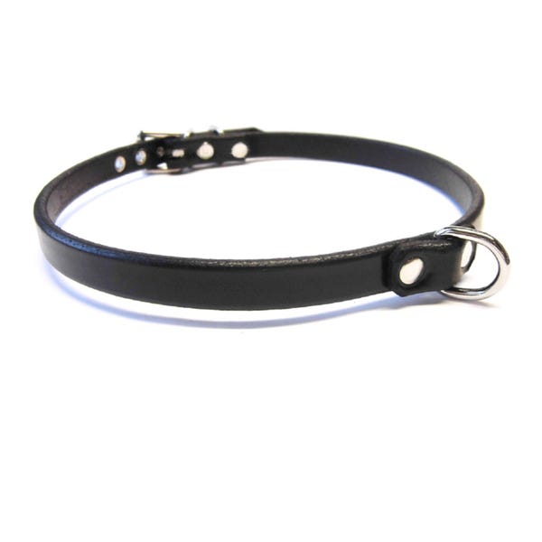 Leather Day Collar for submissive | BDSM choker with Tiny D-ring, Lockable option