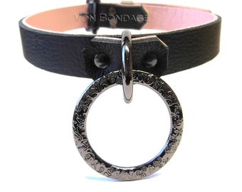 Black Leather Choker with Floral Ring, Gothic Collar Necklace with Pink Lining, custom sized