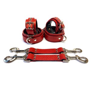 Leather Bondage Restraints Set with pair Hogtie Straps in Red | Lockable Wrist & Ankle Cuffs for Bondage Made 2 Order, 1-1/2&quot;