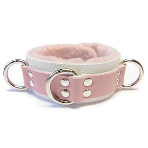 Bondage Collar Pink Fur Sheepskin lined Lockable Buckle 3 Dee Rings 1-3/4&quot;