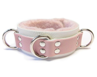 Bondage Collar Pink Fur Sheepskin lined Lockable Buckle 3 Dee Rings 1-3/4&quot;
