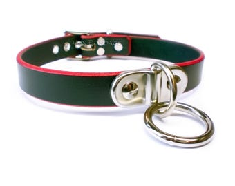 submissive slave Collar with Plated D&O Ring for Leash in Black Leather w/Red Edges | Lockable option Custom Sized