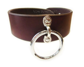 Brown Leather Bondage Collar for submissive with Large O-ring - Lockable option