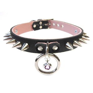 Spike Leather Collar Pink Leather Inlay Front Ring Crystal Charm for slave 3/4&quot;