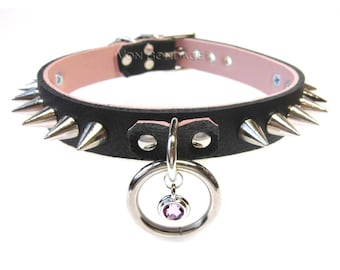 Leather Choker with Spikes O Ring and Crystal Charm - Black and Pink Collar