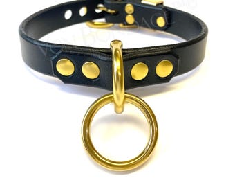 Bondage Collar in Black Latigo Leather | Lockable O Ring Choker, Brass Hardware