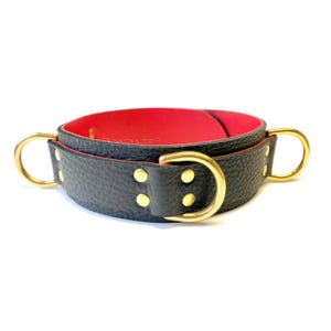 S&M Collar in Bullhide Leather Red Lambskin lining | 3 Brass Rings for restraint, Custom sizing 2&quot;