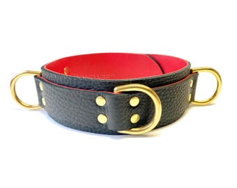 S&M Collar in Bullhide Leather Red Lambskin lining | 3 Brass Rings for restraint, Custom sizing 2"