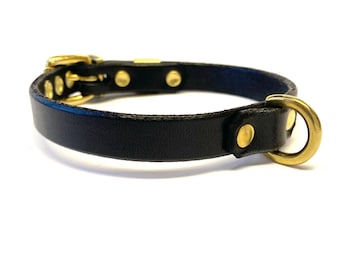 Black Leather Collar with Solid Brass D-ring | Simple Choker with gold ring