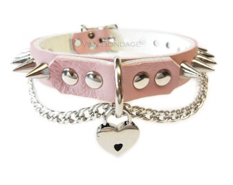 Spiked Pink Lockable Collar w/Sm Heart Padlock & Chain