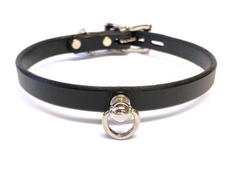 Black Leather Day Collar for sub | narrow slave Choker Necklace with Ring for tags
