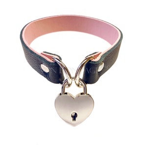 Heart Padlock Collar, Black & Pink Leather Choker with Heart Lock, 24/7 day collar, locked in ownership DDlg 3/4&quot;
