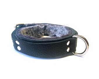 Fur-lined Collar for submissive | Strong Dee Ring & Lockable Buckle option, Gray Sheepskin lining for slave 1.25"