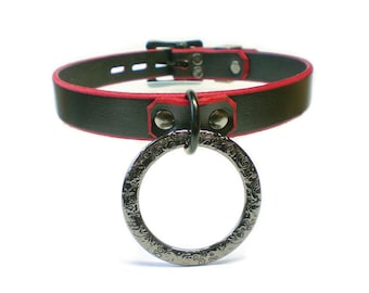 Black Leather O-Ring Collar - Red Edge Detail, Floral Pattern Ring