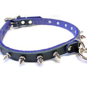 Spiked Leather Choker with Small Ring, Black Purple Leather Collar w/Tiny Spikes Lockable Option custom fitted, slave/sub collar
