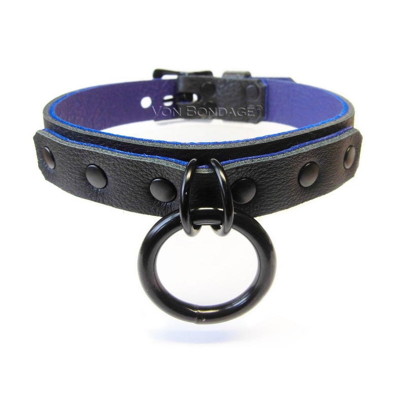 May include: Black leather collar with a large black ring and buckle closure. The collar has a purple interior with blue trim. The text "VON BONDAGE" is visible on the collar.