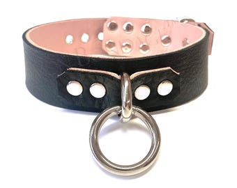 Leather Collar with Bondage Ring lined in Pink - Choker for clubwear, pole dance, raves