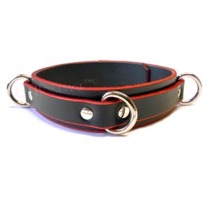 S&M Collar | 3 Dee Rings for Leash in Black Leather w/Red Edge | Locking option 1-1/4&quot;
