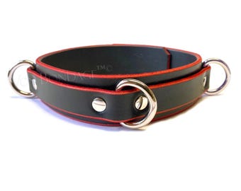 S&M Collar | 3 Dee Rings for Leash in Black Leather w/Red Edge | Locking option 1-1/4"